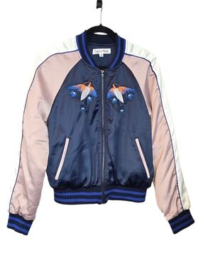 Dance & Marvel Satin Bomber Jacket Embroidered Birds K-Pop Style Size Medium